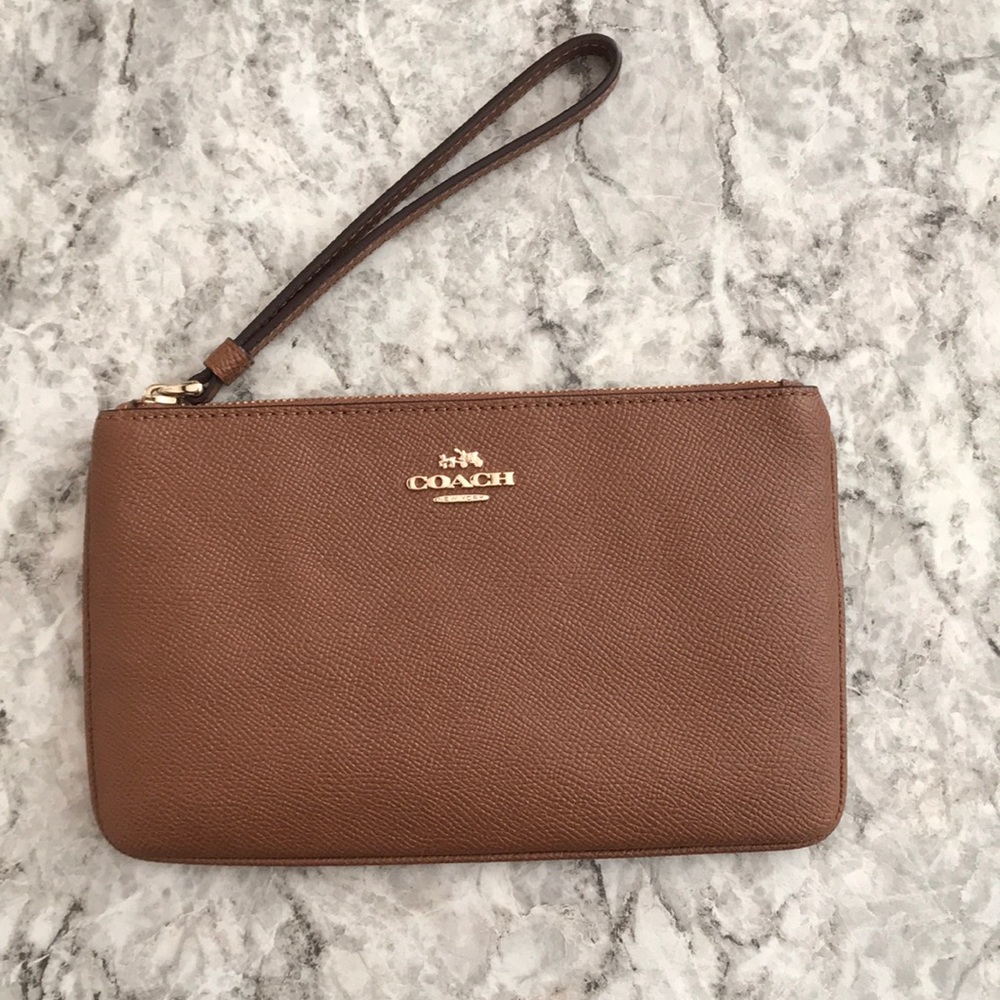 NWT! Coach brown leather large wristlet